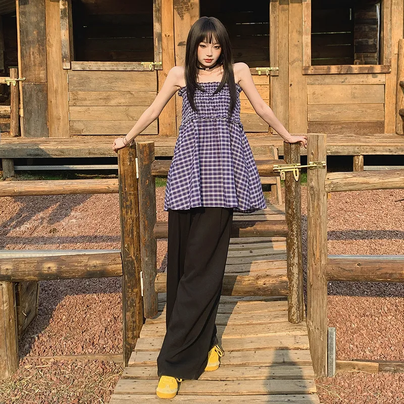 Mm Casual Long Skirts Women's Blue Reversible Plaid-2