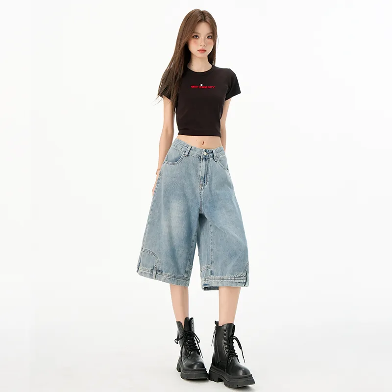 Mm Denim Shorts Women's Vintage Blue Mid Length Pants-5