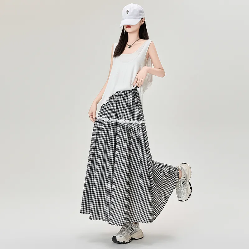 Mm Casual Long Skirts Women's Plaid-5