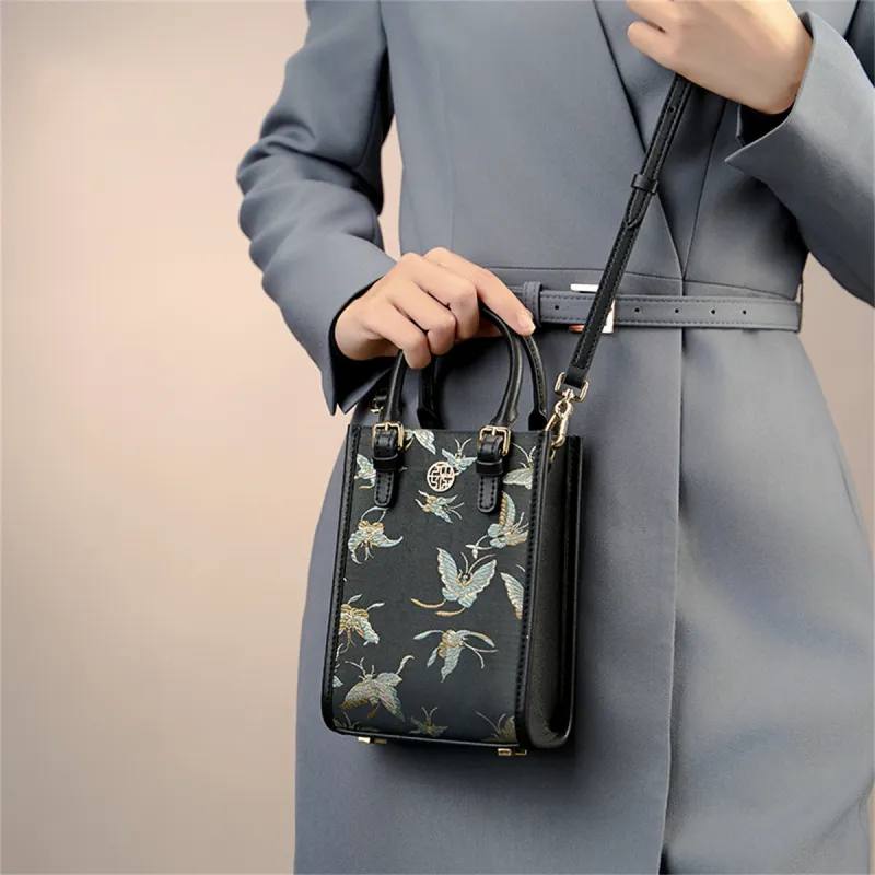 Pmsi Split Cow Leather With Fabric Handbag Trumpets Women's Black-3
