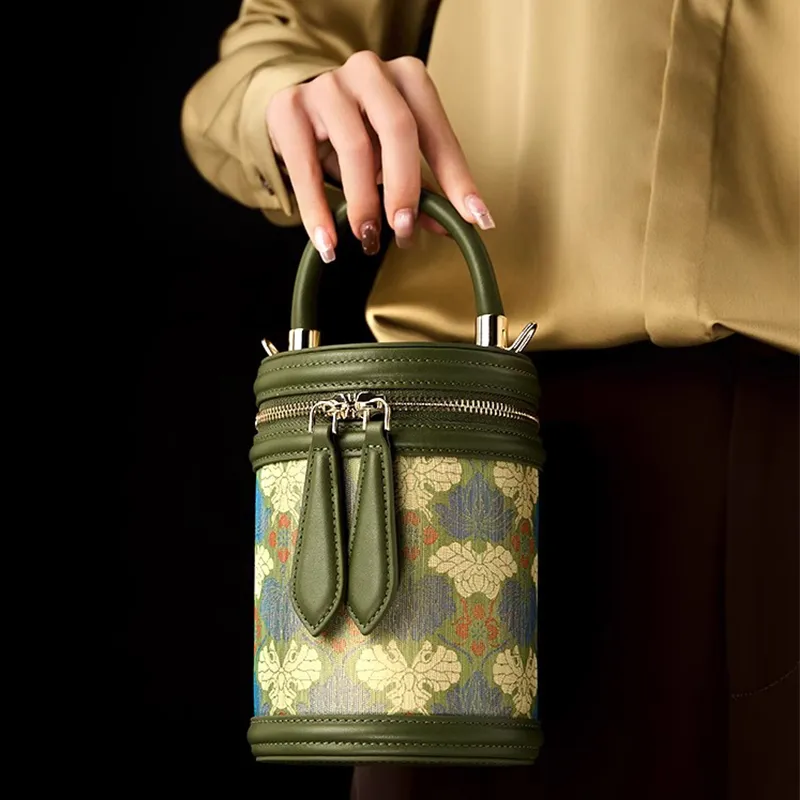 Pmsi Cow Leather With Mulberry Silk Bucket Bag Handbag Trumpets Women's Forest Green-3