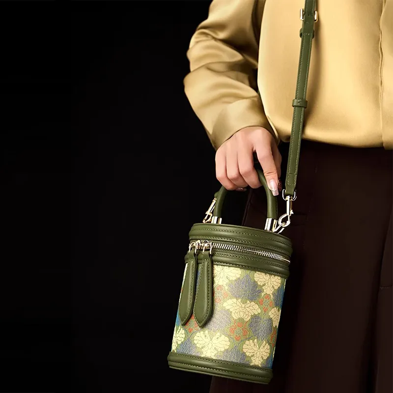 Pmsi Cow Leather With Mulberry Silk Bucket Bag Handbag Trumpets Women's Forest Green-1