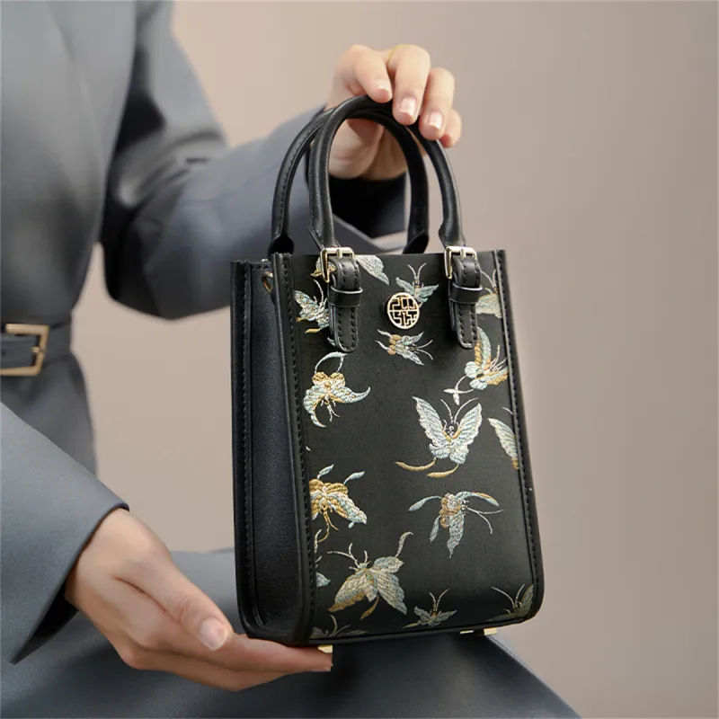 Pmsi Split Cow Leather With Fabric Handbag Trumpets Women's Black-1