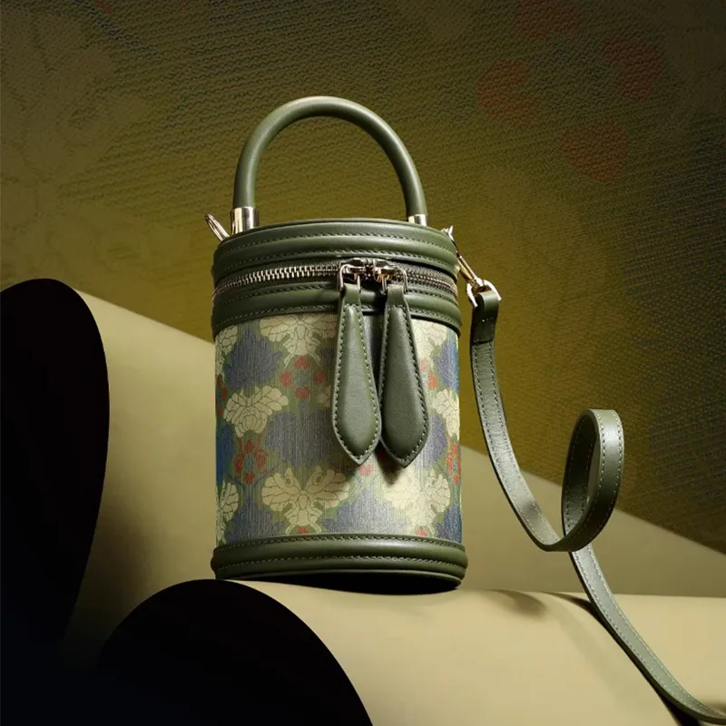 Pmsi Cow Leather With Mulberry Silk Bucket Bag Handbag Trumpets Women's Forest Green-4