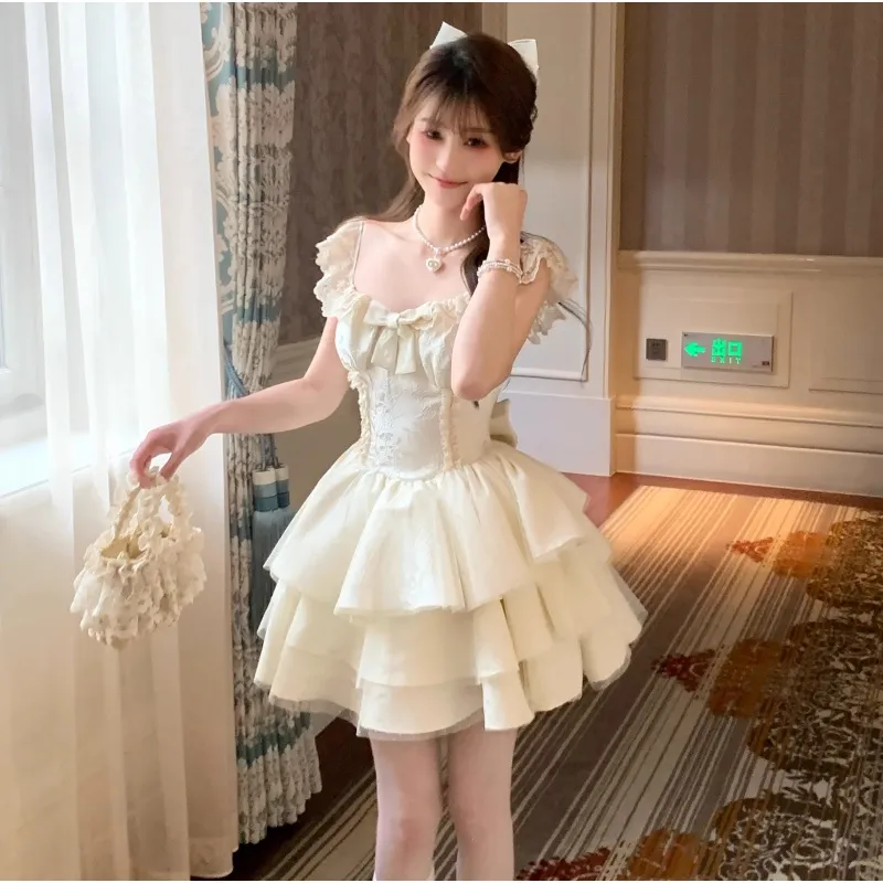 SNZX Slip Dresses Women's Apricot Princess Dress+Bowknot Pin Detachable-3