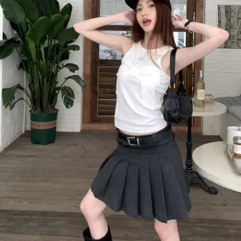 SNZX Two Piece Skirt Sets Women's Clothing Sets White Tank Top+Dark Gray Skirt