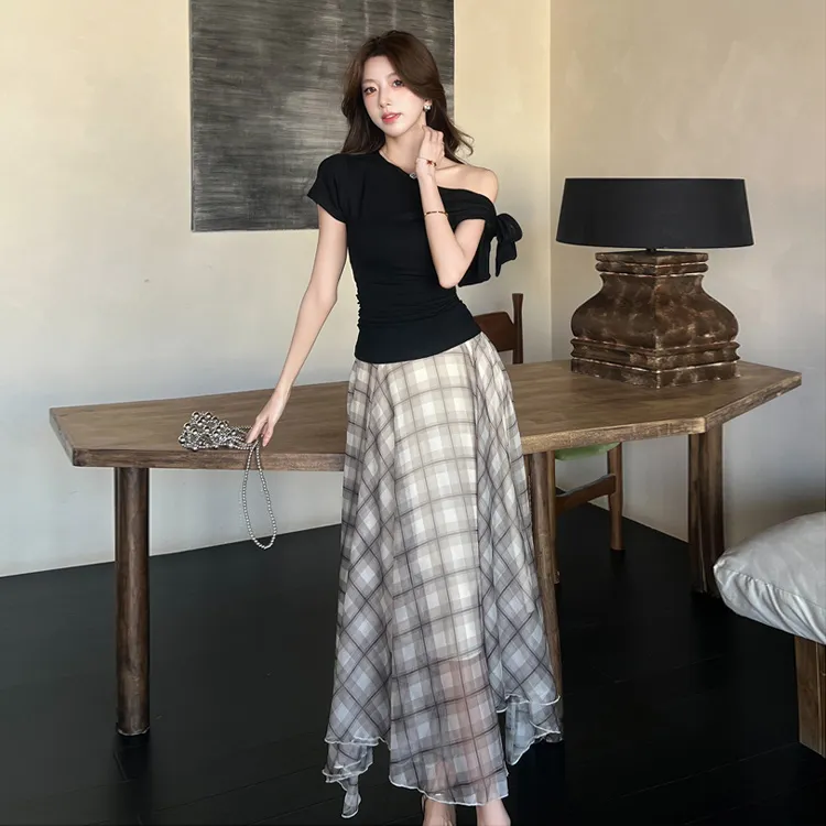 SNZX Casual Long Skirts Women's Plaid-2