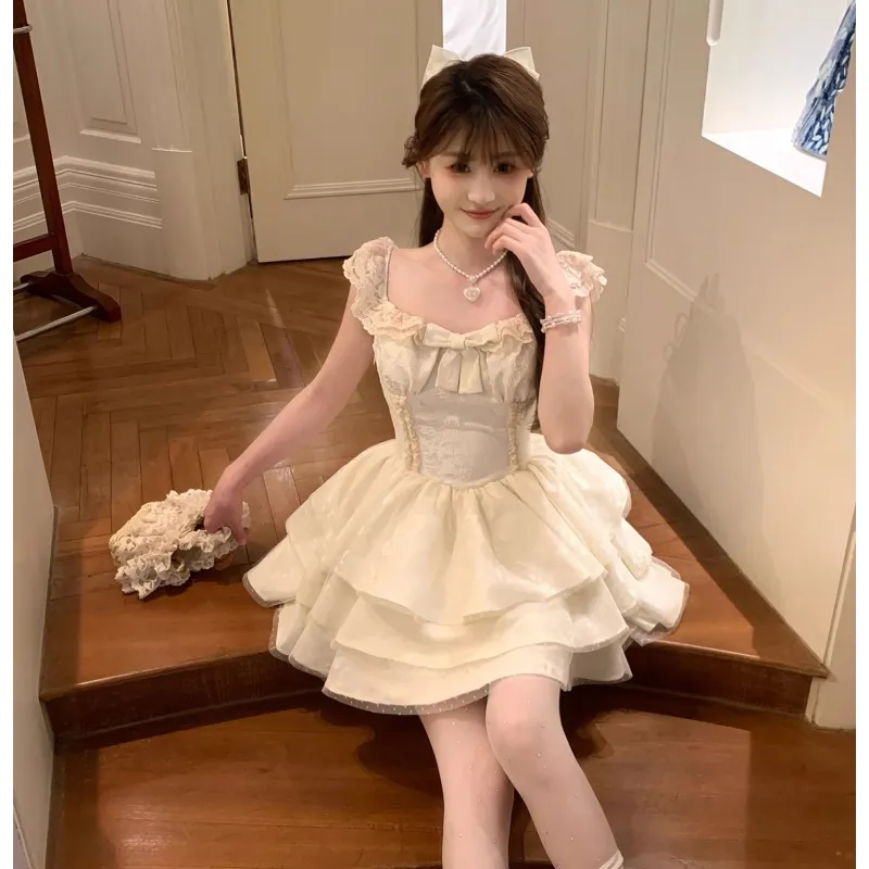 SNZX Slip Dresses Women's Apricot Princess Dress+Bowknot Pin Detachable-2