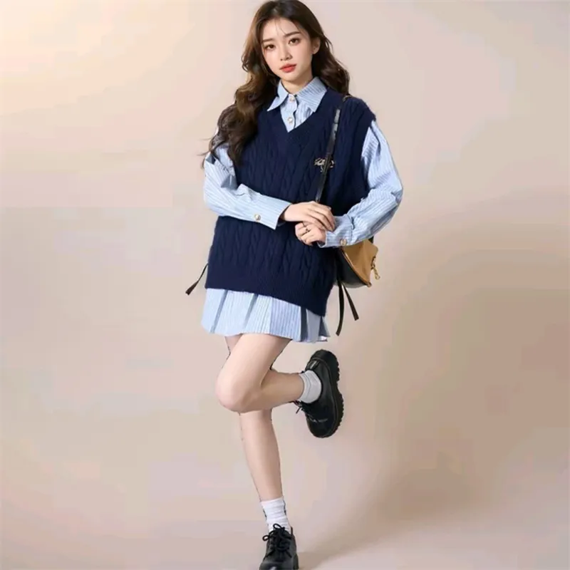 SNZX Two Piece Skirt Sets Women's Dark Blue+Light Blue-3