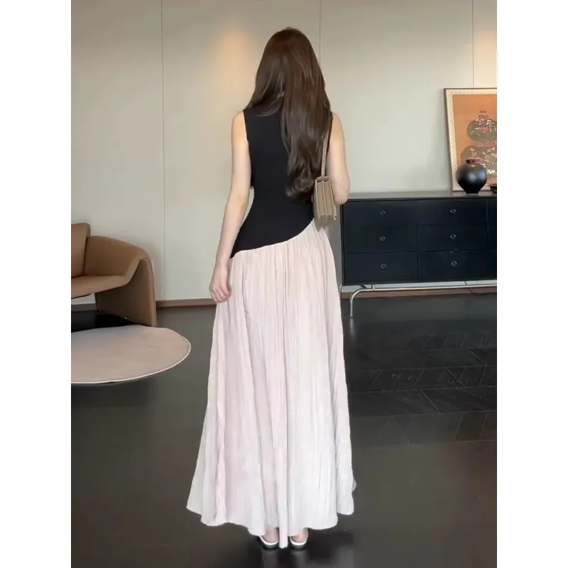 SNZX Sleeveless Dresses Women's Black Pink Color Block Dress-3