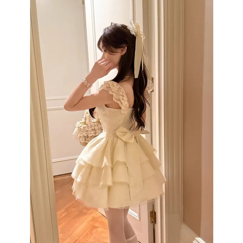 SNZX Slip Dresses Women's Apricot Princess Dress+Bowknot Pin Detachable-6