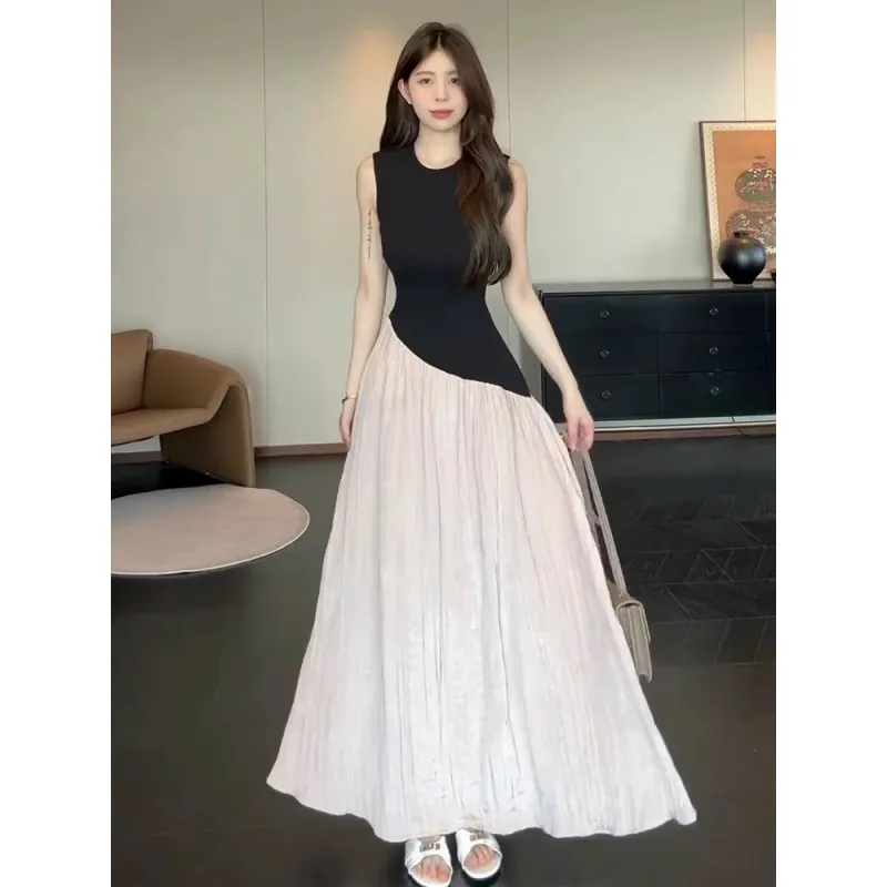 SNZX Sleeveless Dresses Women's Black Pink Color Block Dress-5