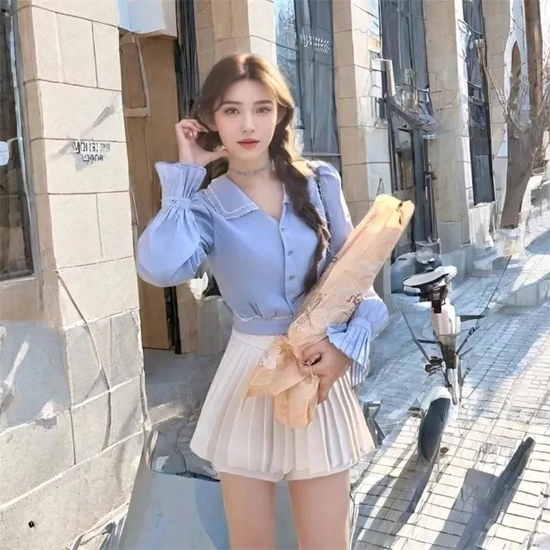 SNZX Skirt Set Women's Apricot+Blue+White-3