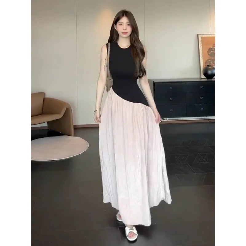 SNZX Sleeveless Dresses Women's Black Pink Color Block Dress-2