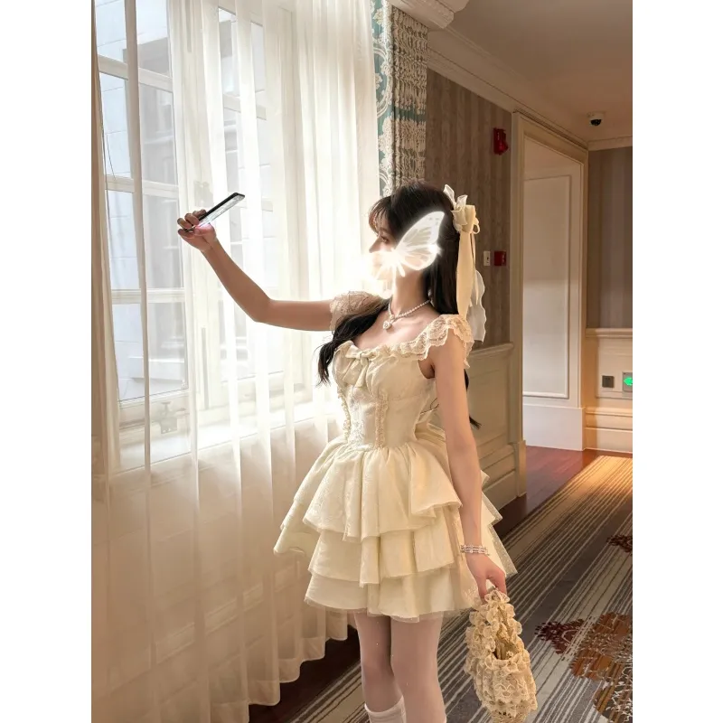 SNZX Slip Dresses Women's Apricot Princess Dress+Bowknot Pin Detachable-5