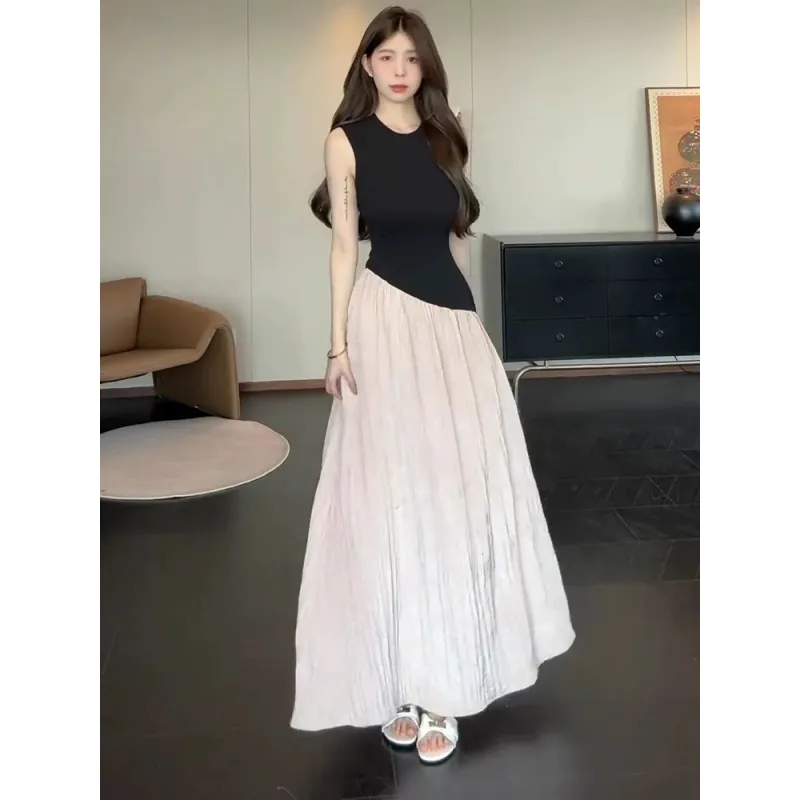 SNZX Sleeveless Dresses Women's Black Pink Color Block Dress-4