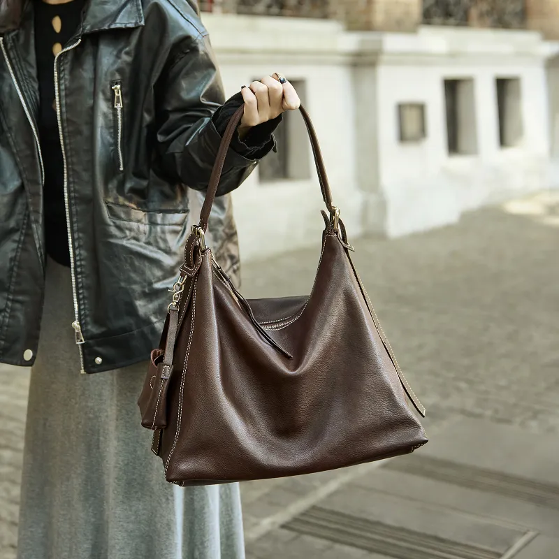 KAISER Top Grain Vegetable Tanned Cow Leather Tote Bag, Shoulder Bag Women's Black/Coffee-11