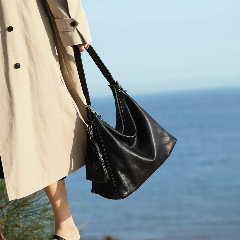 KAISER Top Grain Vegetable Tanned Cow Leather Tote Bag, Shoulder Bag Women's Black/Coffee-4