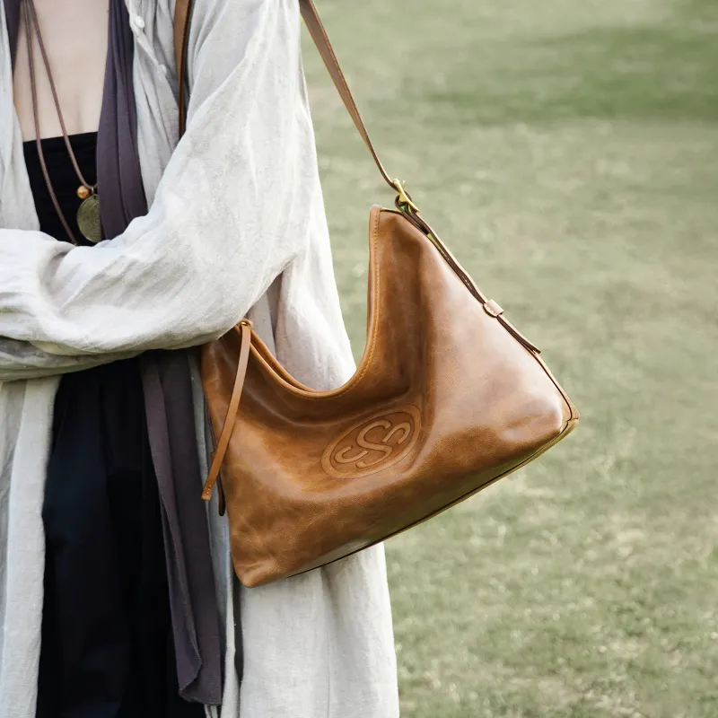 KAISER Top Grain Oil Wax Cow Leather Tote One Shoulder Bag Genuine Leather Women's Bag Regular Women's Amber/Black-4