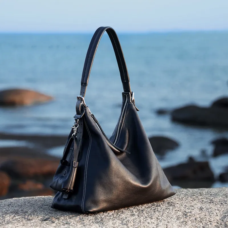 KAISER Top Grain Vegetable Tanned Cow Leather Tote Bag, Shoulder Bag Women's Black/Coffee-3