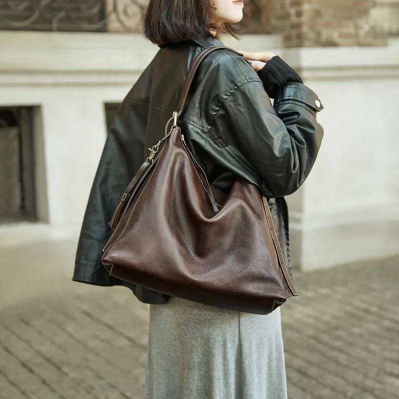 KAISER Top Grain Vegetable Tanned Cow Leather Tote Bag, Shoulder Bag Women's Black/Coffee-10