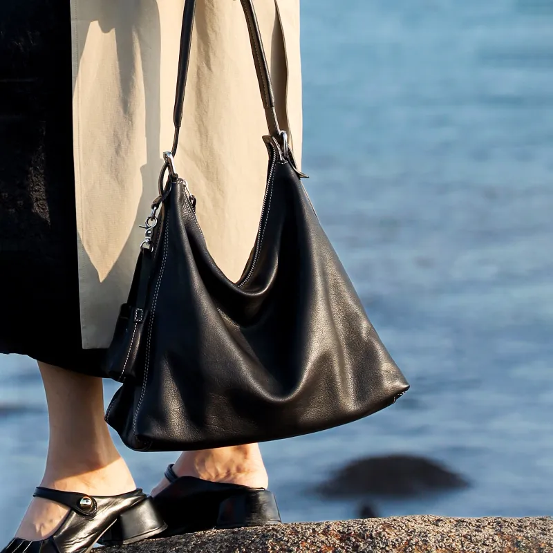 KAISER Top Grain Vegetable Tanned Cow Leather Tote Bag, Shoulder Bag Women's Black/Coffee-2