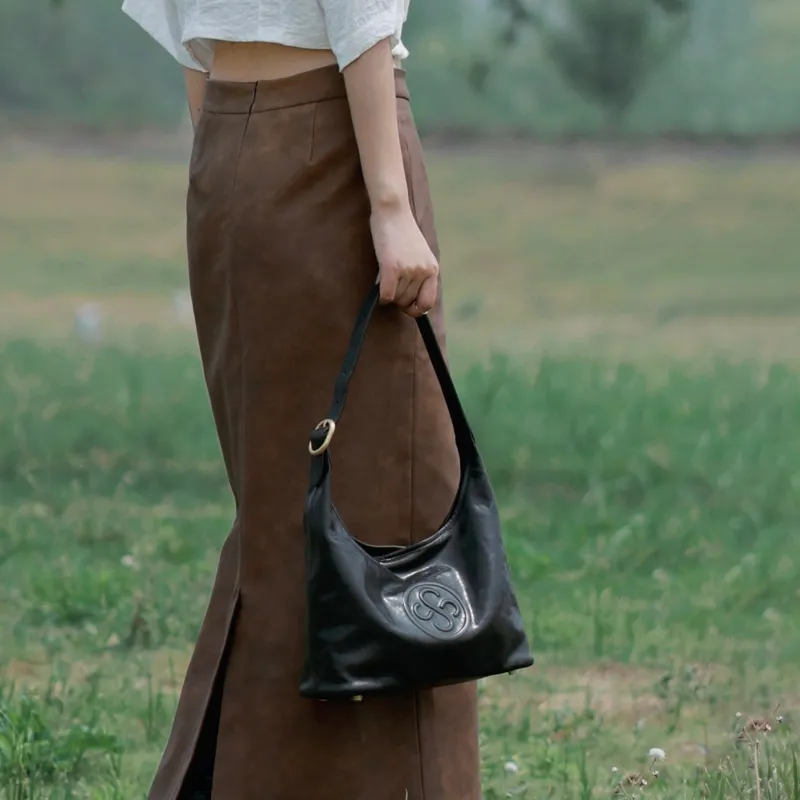 KAISER Top Grain Oil Wax Cow Leather Shoulder Bag, Shoulder Bag Regular Women's Amber/Black-12