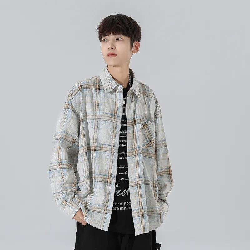 PEIMENG Shirt Unisex Yellow White Plaid-4