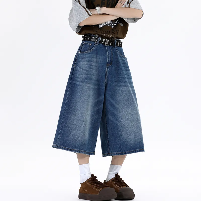 PEIMENG Denim Shorts Unisex Dark Blue-4