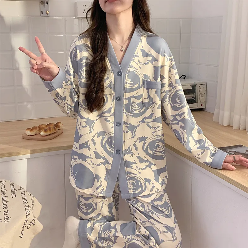 Ordifen Pajama Set Women's White Base With Blue Pattern-3