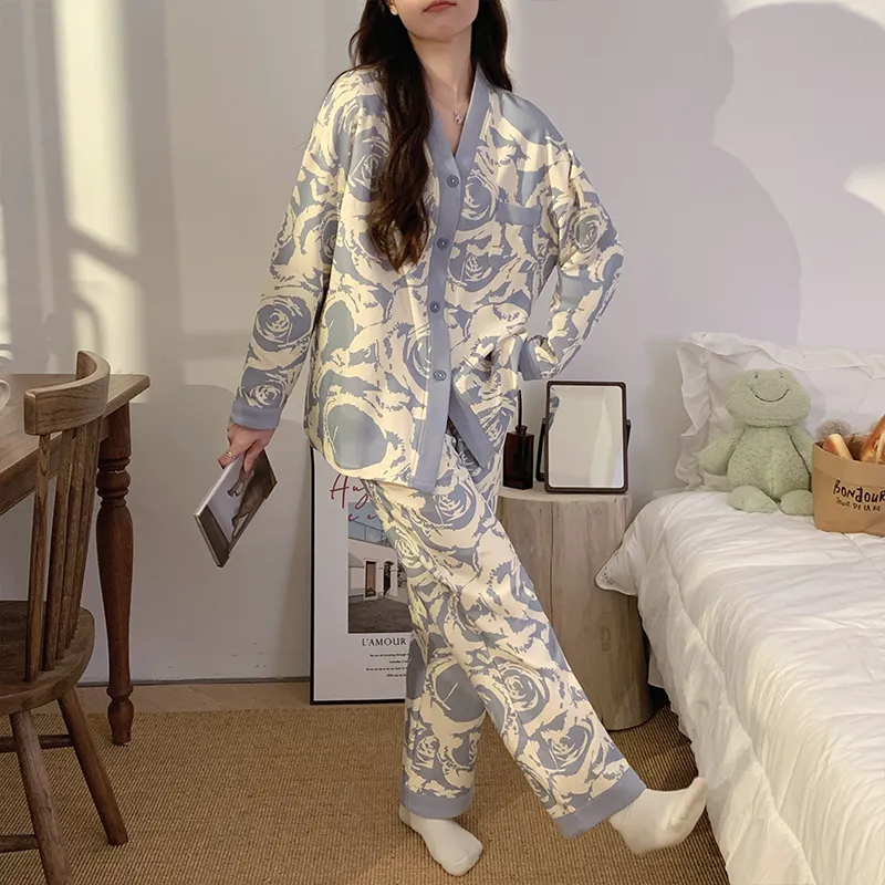 Ordifen Pajama Set Women's White Base With Blue Pattern-2