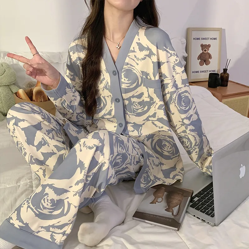 Ordifen Pajama Set Women's White Base With Blue Pattern-1