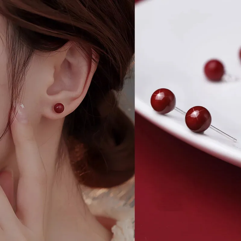Moon Jewelry Reconstructed Cinnabar Jade Stud Earrings Women's-1