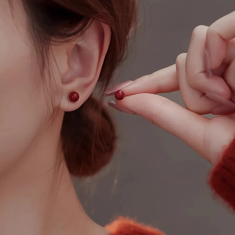 Moon Jewelry Reconstructed Cinnabar Jade Stud Earrings Women's-2