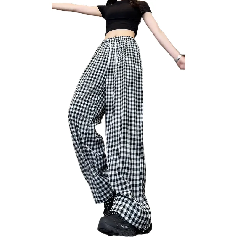 ROBINHOOD Casual Pants Women's Black White Plaid-4