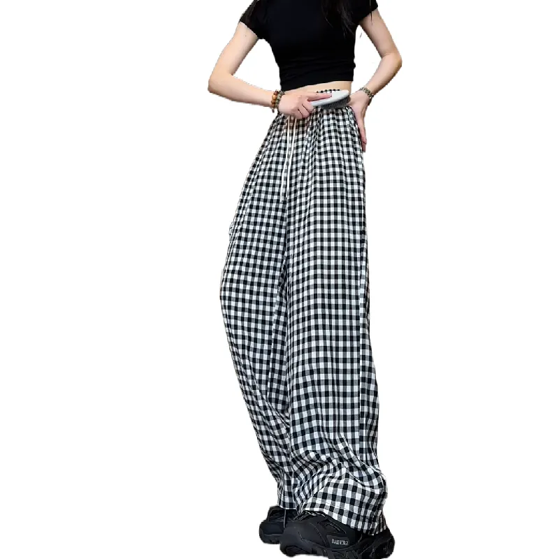 ROBINHOOD Casual Pants Women's Black White Plaid-3