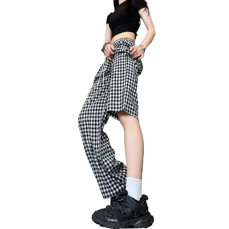ROBINHOOD Casual Pants Women's Black White Plaid-2