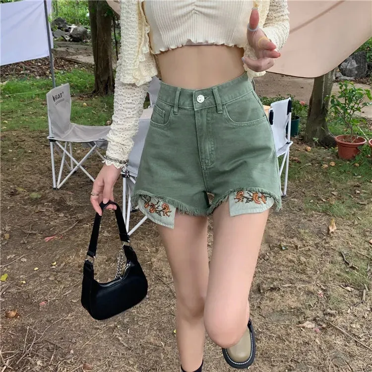 Concubine Zhu Denim Shorts Women's Green-4