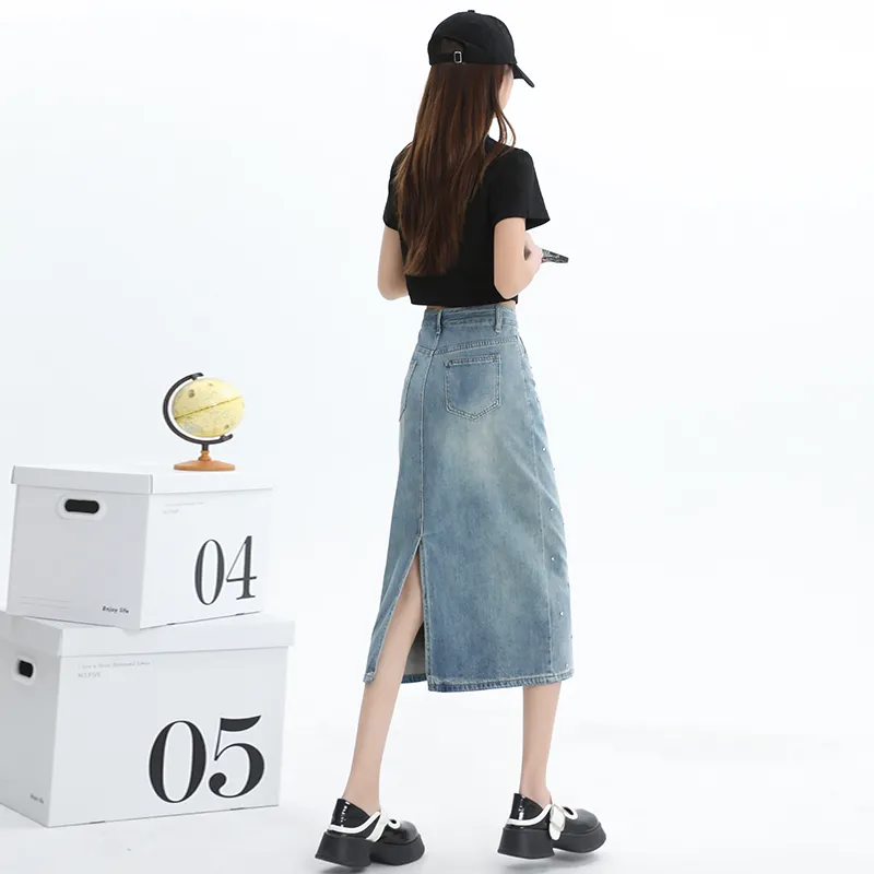 Concubine Zhu Denim Long Skirt Women's Nostalgic Blue White Zircon-2