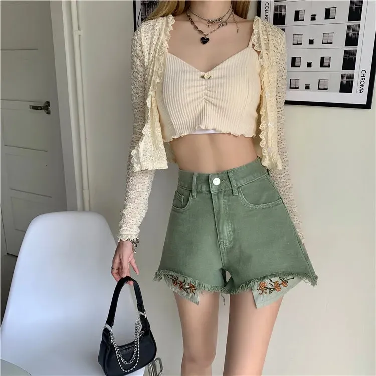 Concubine Zhu Denim Shorts Women's Green-3