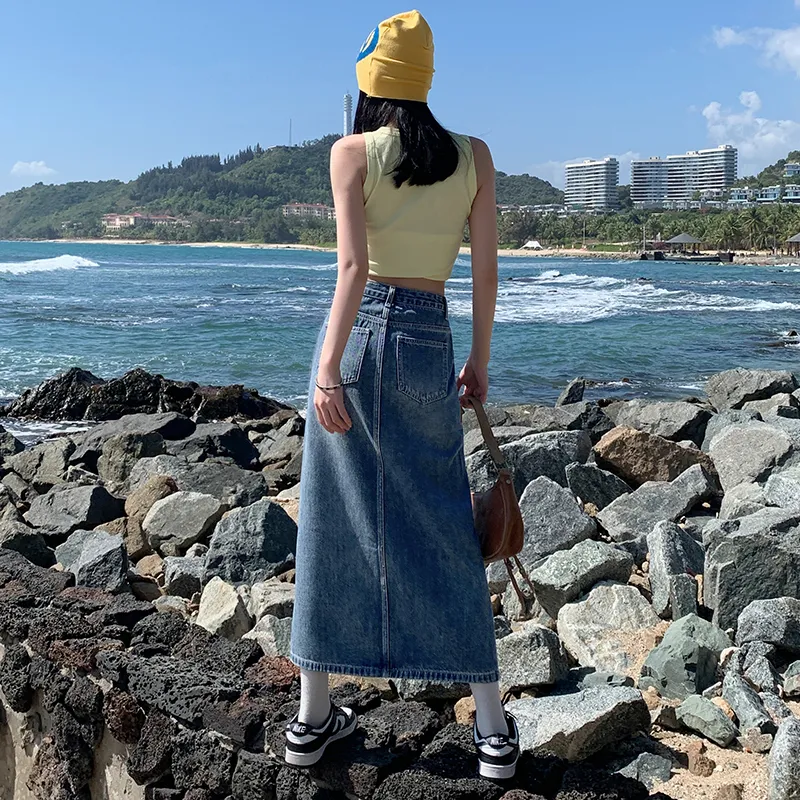 Concubine Zhu Denim Long Skirt Women's Vintage Blue-4
