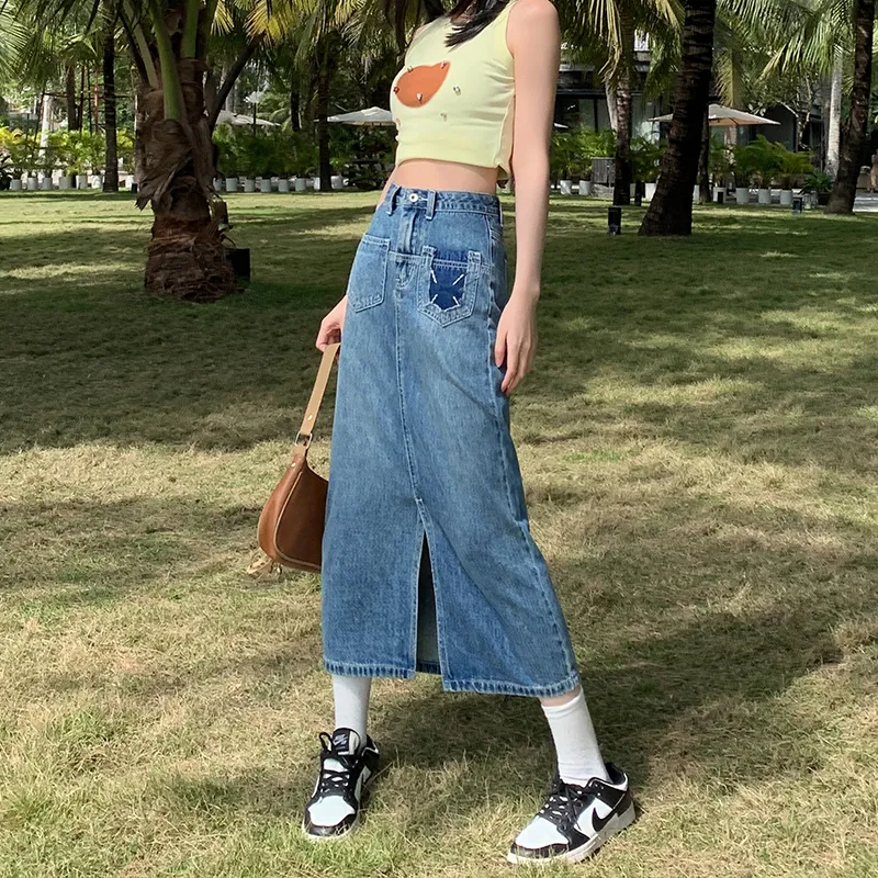 Concubine Zhu Denim Long Skirt Women's Vintage Blue-3