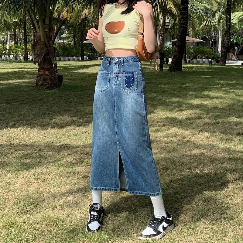 Concubine Zhu Denim Long Skirt Women's Vintage Blue-2