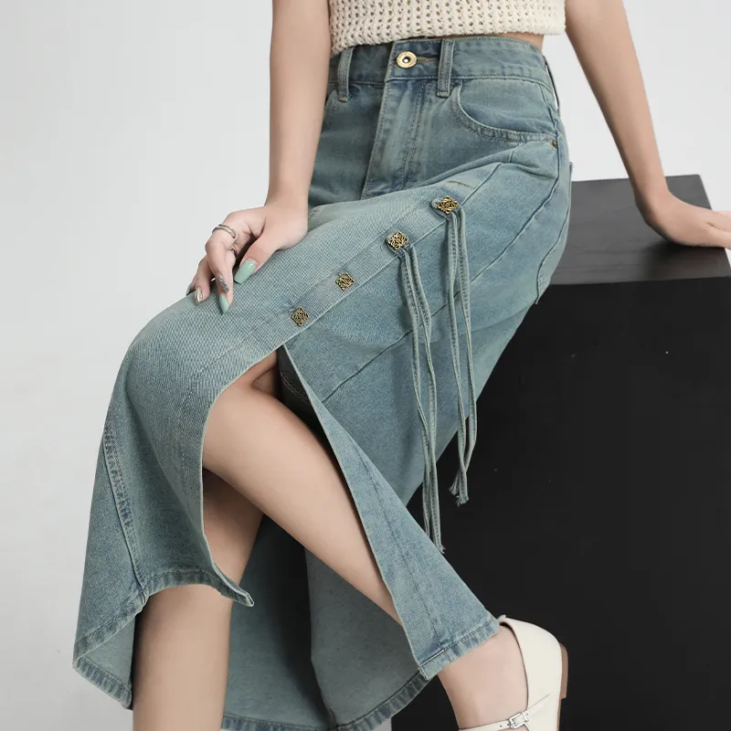 Concubine Zhu Denim Long Skirt Women's Light Blue-5