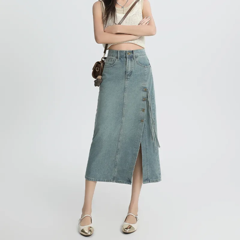 Concubine Zhu Denim Long Skirt Women's Light Blue-3