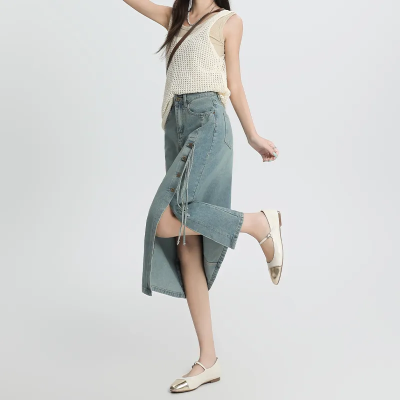 Concubine Zhu Denim Long Skirt Women's Light Blue-4