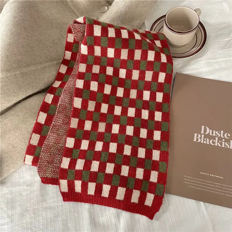 Narandu Yarn Knit Scarves Women's Red Green White Small Plaid-1