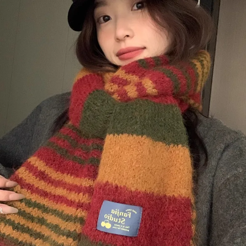 Narandu Polyester Knit Scarves Unisex Green Red Yellow-4