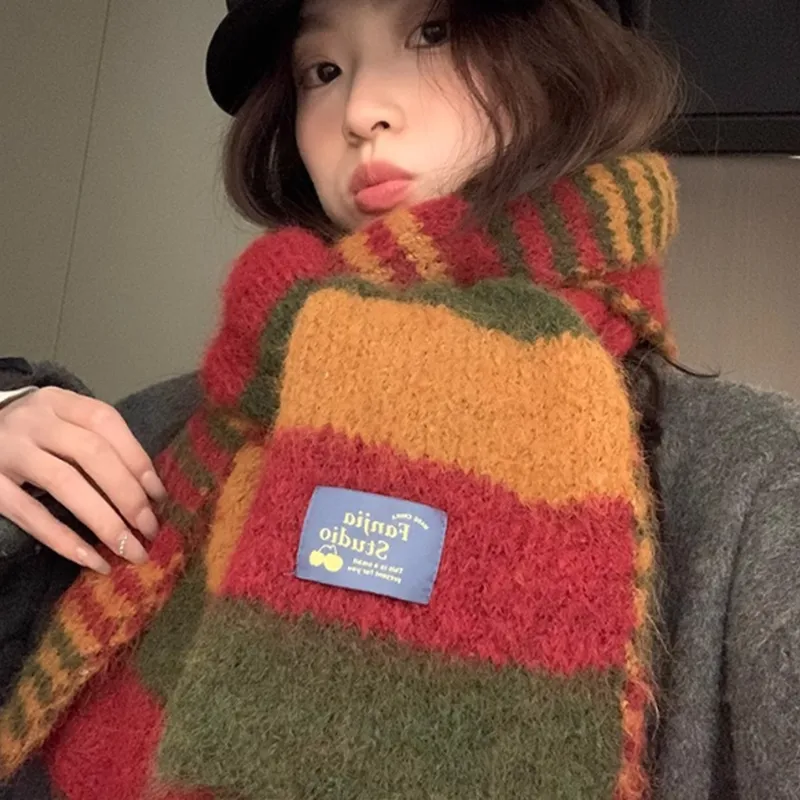 Narandu Polyester Knit Scarves Unisex Green Red Yellow-3