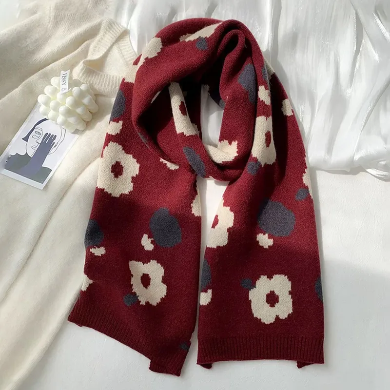 Narandu Polyester Knit Scarves Women's Floral Rich Burgundy-3